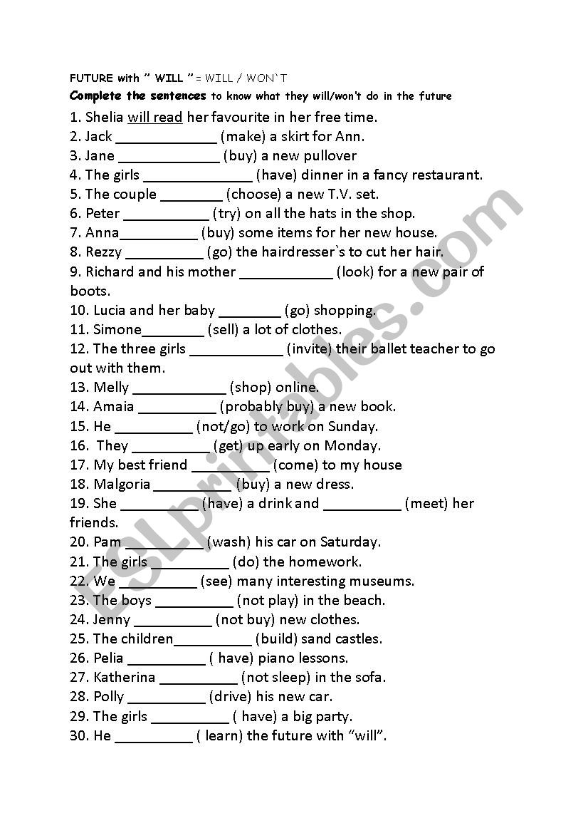 FUTURE with WILL-WON`T worksheet